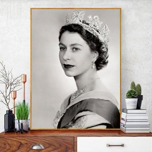 Elizabeth Ii Figure Portrait Painting Retro Vintage Art Poster Black White Woman Pictures for Living Room Frameless