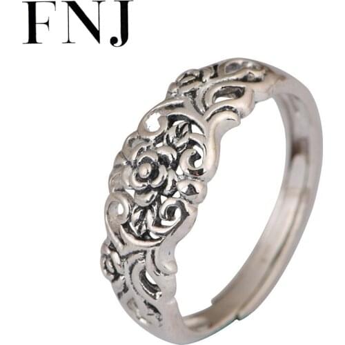 FNJ 925 Silver Hollow Flower Ring Original S925 Sterling Silver Rings for Women Jewelry Open Adjustable USA Size