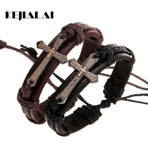 Kejialai Christian Men Jewelry Fashion Leather Cross Bracelets Bangles Coffee Black Genuine Leather Women Christmas Gift PK-002