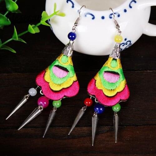 Chinese Lady Ethnic Embroidery Leaf Shape Mujer Moda Mix Beads Statement Spike Fashion Drop Earrings For Women Handmade Chinese