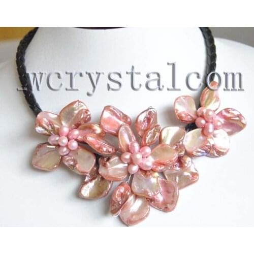 Nice Pink Baroque Shell Cultured Pearl Three Flower Bloom Necklace