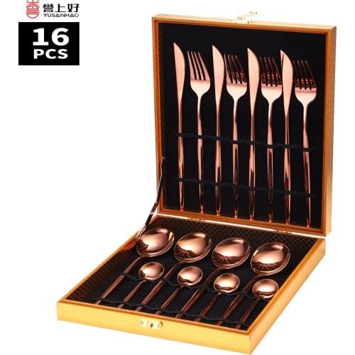 16pcs Gold Dinnerware Set 18/10 Stainless Steel Tableware Knife Fork Spoon Flatware Set Forks Spoons Knives Cutlery Set Gift Box