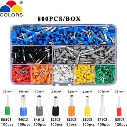 800pcs/lot tube insulating terminals E0508 E1008 E1508 E2508 E4012 for 0.5/1.0/1.5/2.5/4mm2 wire crimp terminal connector wire