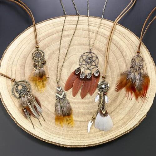 8Seasons Bohemia Necklace Antique Bronze White Dream Catcher Feather Faux Suede 84cm(33 1/8") long, 1 Piece