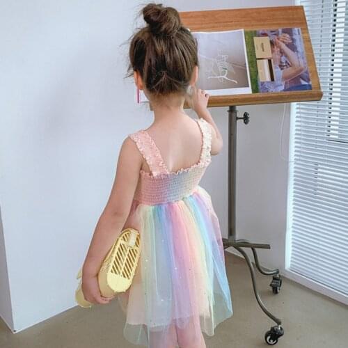 Girls Dress Rainbow Crumpled Mesh Suspender Princess Party Dress 2021 Summer New Fashion Baby Kids ChildrenS Clothing