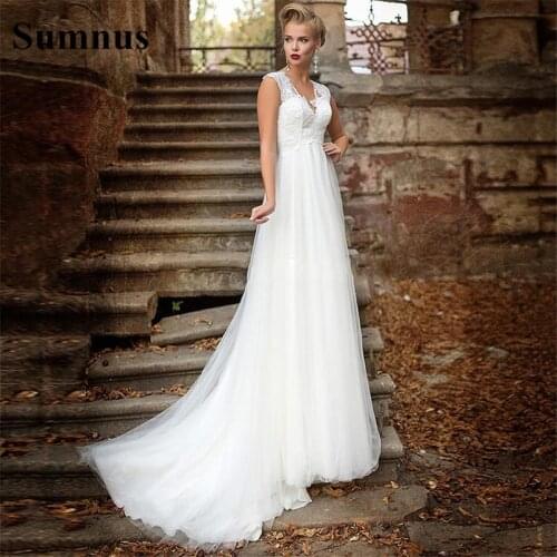SoDigne Boho 2021 Wedding Dresses V-Neck A-Line Backless Lace Bridal Dress Tulle Lace Up Simple Beach Wedding Gowns
