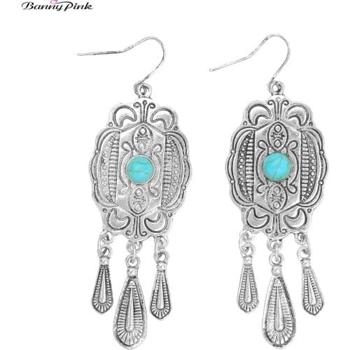 Banny Pink Tribal Carved Moon Geometric Dangle Earrings Vintage Waterdrop Statement Drop Earrings Ethnic Tassel Earrings Brincos