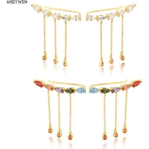 ANDYWEN 925 Sterling Silver Five Zircon Ovals Climber Drop Charm Pendant Pendiente Drop Earring Line Luxury Jewelry For Women