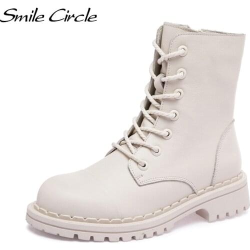 Smile Circle Short Boots Women Motorcycle Boots Platform Boots Cow Leather zipper Ladies Shoes Casual Autumn