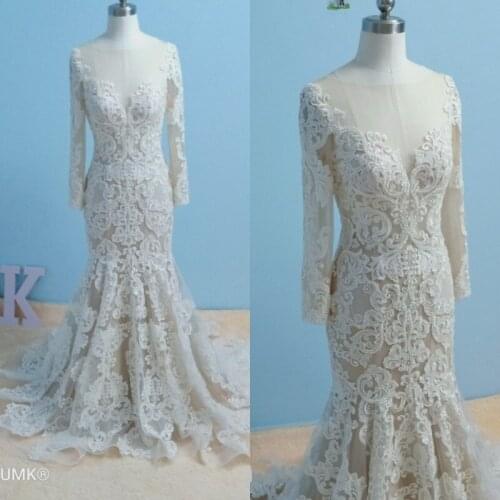 UMK Long Sleeve Mermaid Wedding Dress Chic Lace Boho Bridal Gowns See Through Sexy Vestido De Noiva
