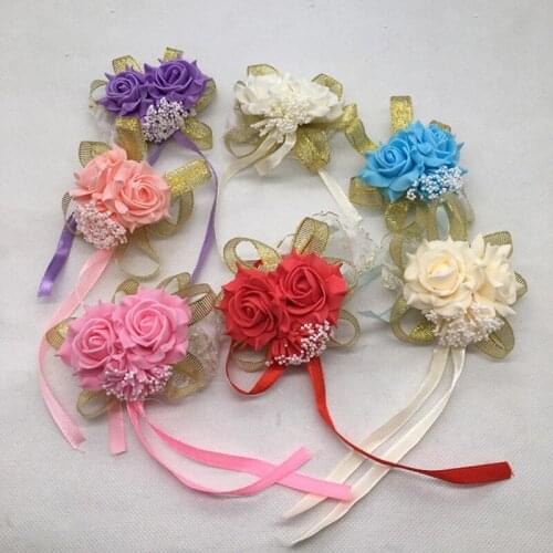 Bride Wedding Adjustable Ribbon Rose Bridesmaid Floral Hand Wrist Bracelets