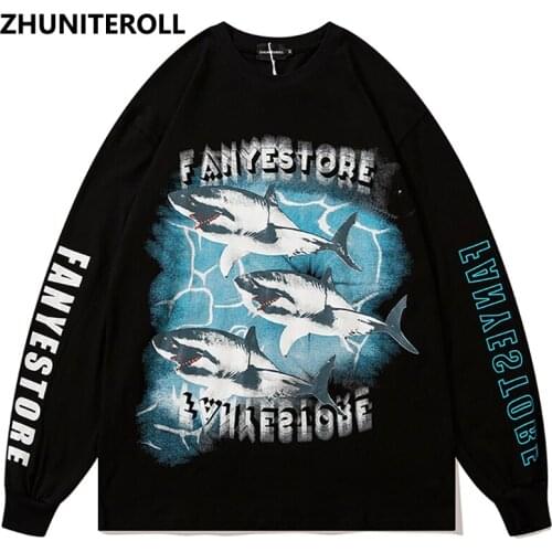 Shark Letter Print 2021 Harajuku Sweatshirts Men Streetwear Fashion Pullover Hoodies Hip Hop Cotton Loose Black Tops Outwear