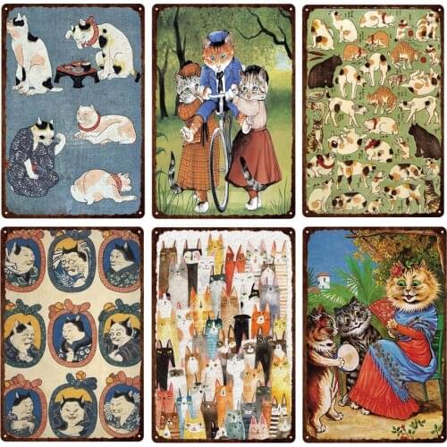 Vintage Colored Drawing Cute Cats Tin Sign Retro Plaque Iron Plates Wall Art Metal Poster for Club Bar Pub Home Decoration