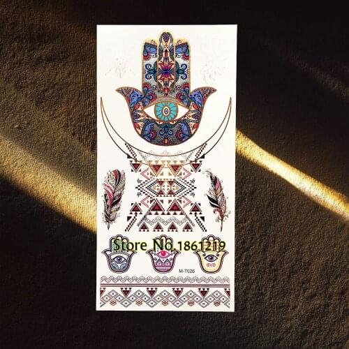 Henna Temporary Tattoo Hamsa Eye Hands Women Body Art Gold Flash Metallic Tattoo Jewelry Sticker GGM-T026 Gem Feather Tatoo Sexy