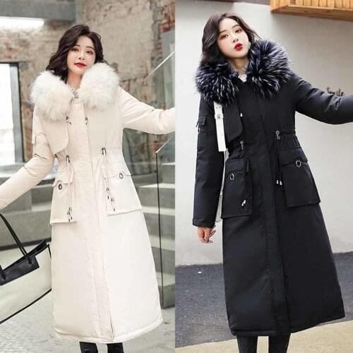 2021 New Winter Big Fur Collar X-Long Parkas Women Hooded Wool Liner Warm Jacket Ladies Outwear Adjustable Waist Thick Coats