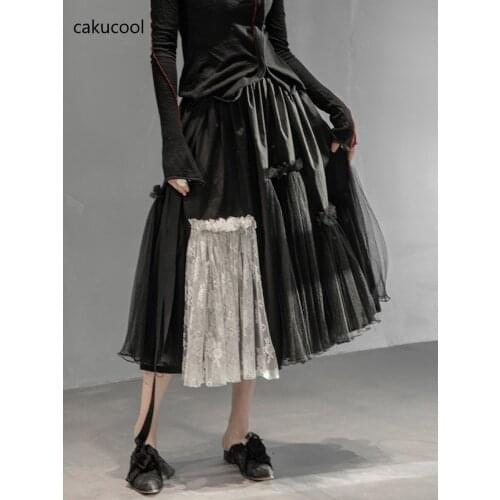 Cakucool 2021 new fashion Diablo lace contrast color mesh high waist fairy skirt ladies large size MIDI skirt
