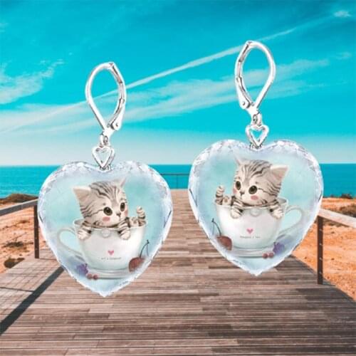 Teacup Cat Earrings for Women Aesthetic Crystal Jewelry for Women Heart-Shaped Accessories Luxury Jewelry Tabby Cataccessories