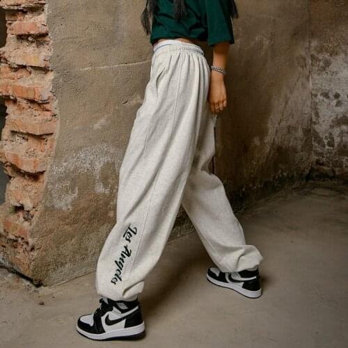 QWEEK Korean Streetwear Gray Joggers Sweatpants Women Gothic Baggy Jogging Sports Pants Hip Hop Oversized Print Trousers Female