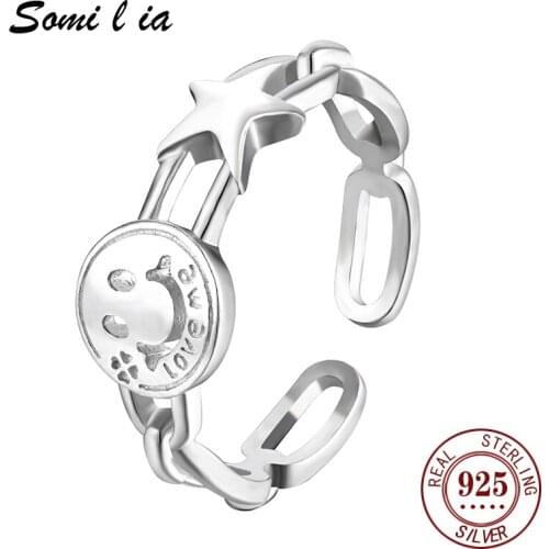 Somi l ia Genuine 100% 925 Sterling Silver Smiley Minimalist Simple Open Adjustable Ring Women & Lady Fine Jewelry SML2877