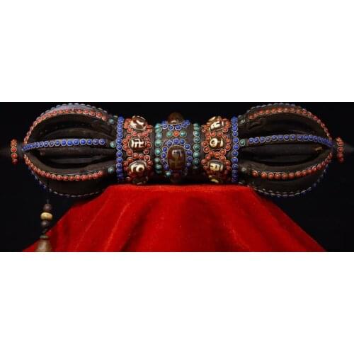 12" Tibet Buddhism Temple Old Bronze Painted mosaic Gem Dzi Bead Old magic weapon Buddhist instruments Dorje Vajra Phurba Dagger