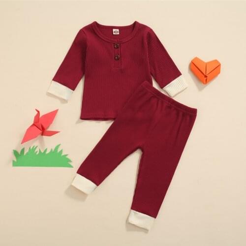 2 Pcs Newborn Color Block Toddler Outfits Clothes Ribbed Long Sleeve Pullover Trousers Baby Fall Autumn Clothing