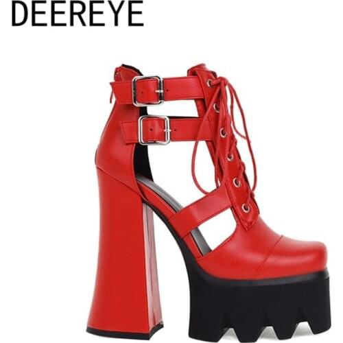 2021 Women PU Ankle Boots Lace Up Side Hollow 15CM Chunky High Heel Adjustment Buckles Platform Square Toe Back Zipper Booties