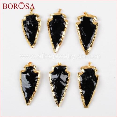 BOROSA Arrowhead Gold Color Black Obsidian Pendant Bead,Drusy Stone Pendant for DIY Necklace Jewelry Gems G0503