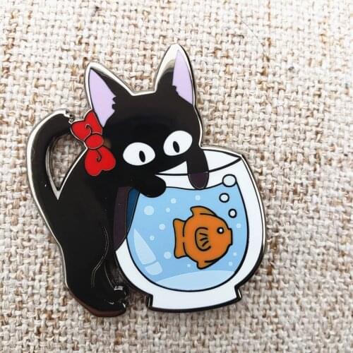 Kikis Delivery Services Hard Enamel Pin Cute Funny Gigi and Fish Brooch Fashion Cartoon Animal Black Cat Badge Jewelry Gift