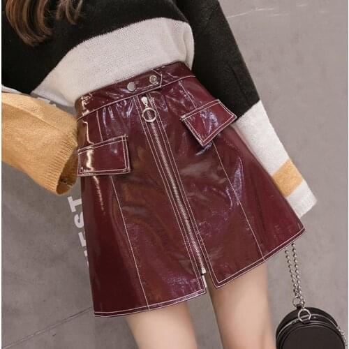 Elegant Shiny Patent Leather Skirt Autumn Winter New Zipper Pocket Pu Bright Leather Skirt High Waist A- line Sheath Skirt Tide