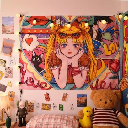 Kawaii Room Decor Cartoon Girl Aesthetic Room Decor Tapestry Tarot Cards Cute Room Decor Mural Boho Decoration Home Wall Decor