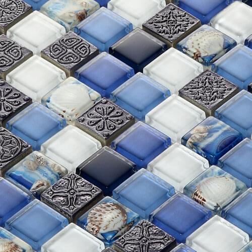 Mediterranean Blue White Crystal Glass Resin Shell Mosaic Tiles, kitchen backsplash bathroom shower pool wall tile