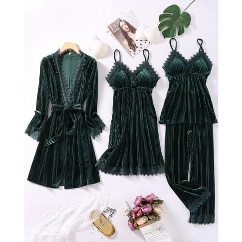 Velour Womens 4Pcs Pajamas Sets Autumn Lace Sleepwear Sexy Soft Nightshirts Chest Pads Nighties Intimate Lingerie Home Wear