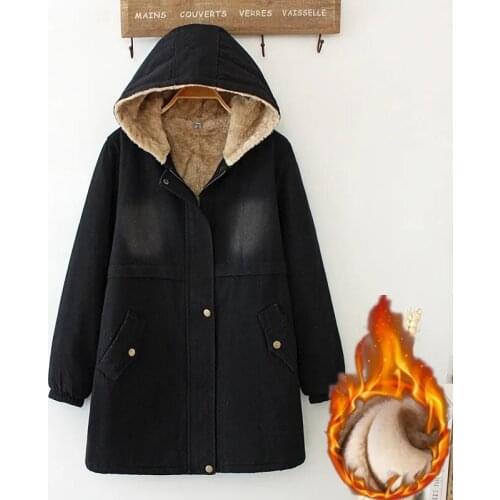 Korean Lambswool Coat Womens Casual Loose Denim Jackets Winter Warm Parkas Female Hooded Plus velvet Outwear Long Cotton Coats