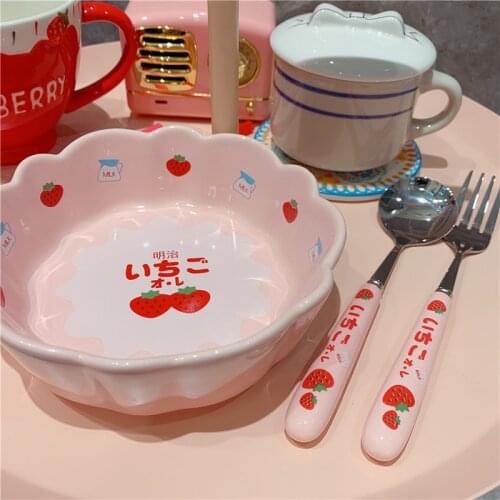 Breakfast Bowl Pink Strawberry Bowl Macaron Girl Heart Ceramic Plate Dessert Fruit Salad Pudding Bowl