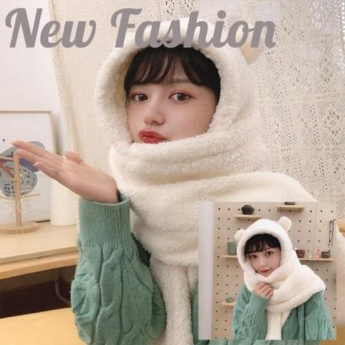 2020 Fashion Winter Women Novelty Beanies Caps Warm Cute Bear Ear Hat Casual Plush Hat Scarf Set Casual Solid Women caps Present