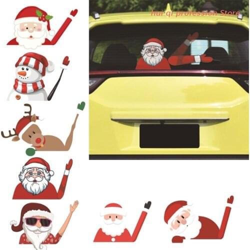 Cartoon Waving Santa Elk Snowman Christmas Winter Decal Attaches to Rear Vehicle Window Wiper Blades Sticker High Adhesion