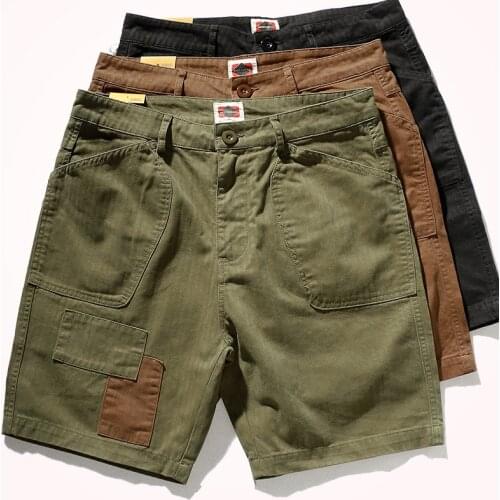 2021 Summer Shorts Mens Five-point Pants Personality Trendy Patch Pure Cotton Old Khaki Retro Tooling Casual Knee Length Pants