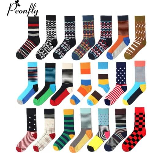 PEONFLY 1 Pair Men Dress Socks Cotton Colorful Striped Plaid Printed Comfort Happy Socks Skate Funny Geometry Dot Wedding Socks