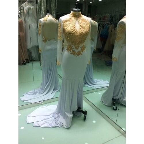 Beautiful White Long Prom Dress New Arrival With Long Sleeves High Neck Open Back Party Gown