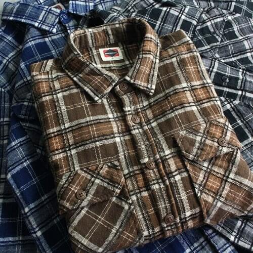 Autumn Winter Japanese Retro Flannel Tooling Plaid Shirt Jacket Mens Pure Cotton Thick Multi-pocket Long Sleeved Lapel Blouses