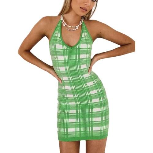 Female fashion hot sale Dress, Plaid V-Neck Sleeveless Package Hip Sundress for Summer, Fruit Green, S/M/L