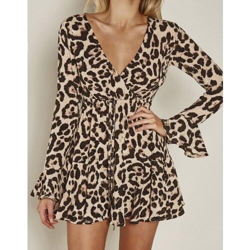 Euramerican Women Dress Autumn Ladies Leopard Print Dress Sexy Women V Neck Long Sleeve Dress Womens Dresses Fall Evening Party