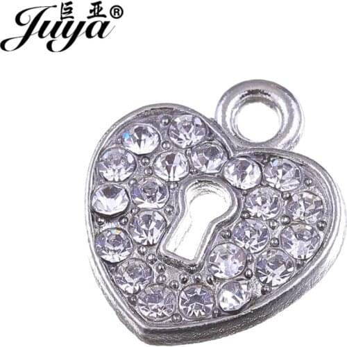 JUYA Lover Couple Gift Charms Pendant for Diy Necklace Handmade 17x15mm 10pcs/lot Heart Lock Pendants with Rhinestone AO0424