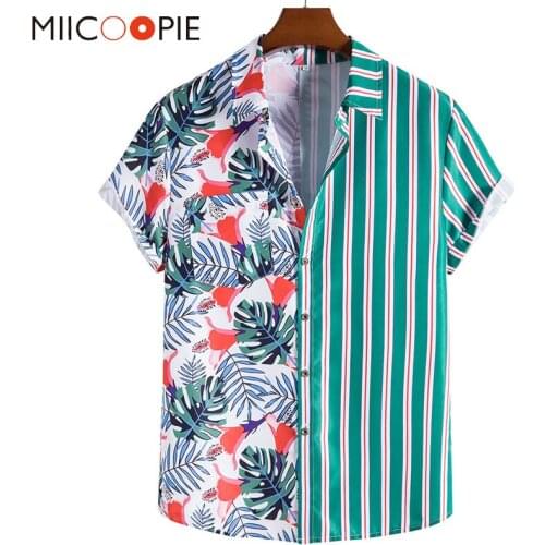 Striped Floral Patchwork Oversized Shirt For Men Short Seleve Beach Hawaiian Shirt Homme Mens Loose Streetwear Blusa Masculina