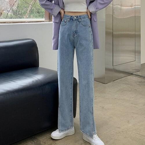 High Waist Straight Womens Jeans Pants Side Split Blue Female Denim Pant 2021 Spring New Casual Streetwear Korean Lady Bottoms