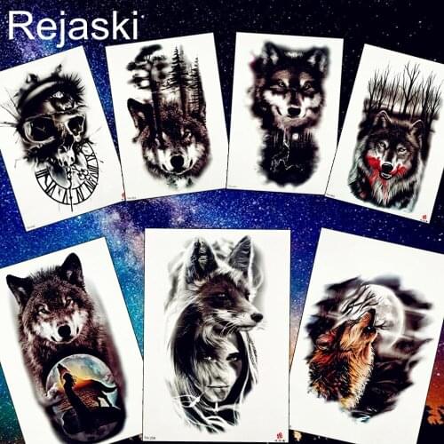 REJASKI Forest Wolf Skull Death Tribal Temporary Tattoo Sticker Black Waterproof Tattoos Body Art Arm Leg Fake Tatoo Women Men