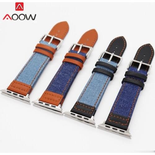 Genuine Leather Canvas Strap for Apple Watch 4 5 38mm 42mm 40mm 44mm Denim Fabric Men Women Replacement Band Belt for iwatch 123