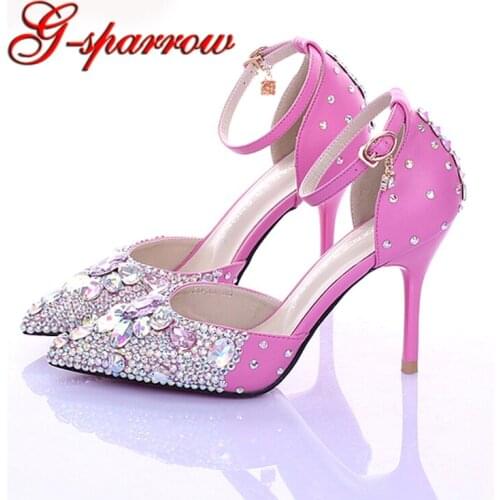 2018 Luxurious Lady Diamond Wedding Shoes Pink Crystsal High Heel Bridal Shoes Sexy Pointed Toe Ankle Strap Prom Shoes