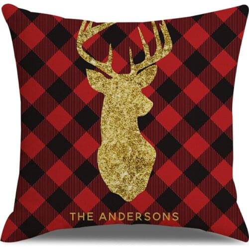 Christmas Cushion Cover Red Plaid Golden Deer Print Fauxlinen Pillowcase Home Decor for Sofa Bedroom Decorative Covers 45x45cm
