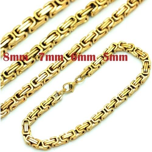 Silver Jewelry 5mm 6mm 7mm 8mm Men Chain Gold Tone 316 Stainless Steel 22cm Byzantine Box Link Necklace Bracelet